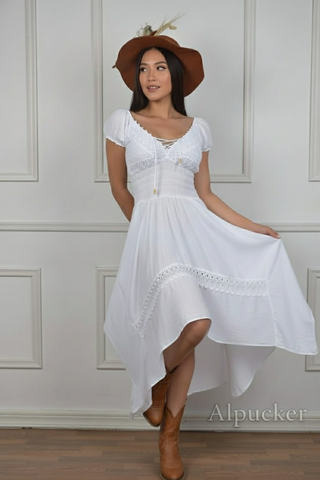 Dress with sleeves and handkerchief hem