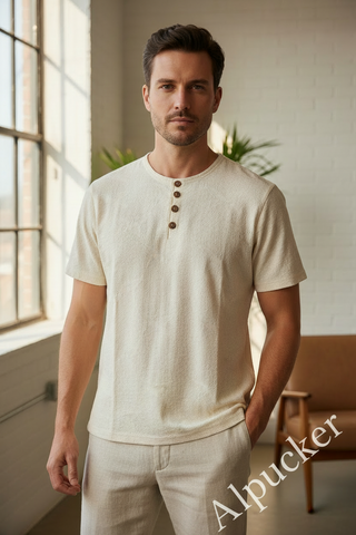 Male model wearing cream textured shirt